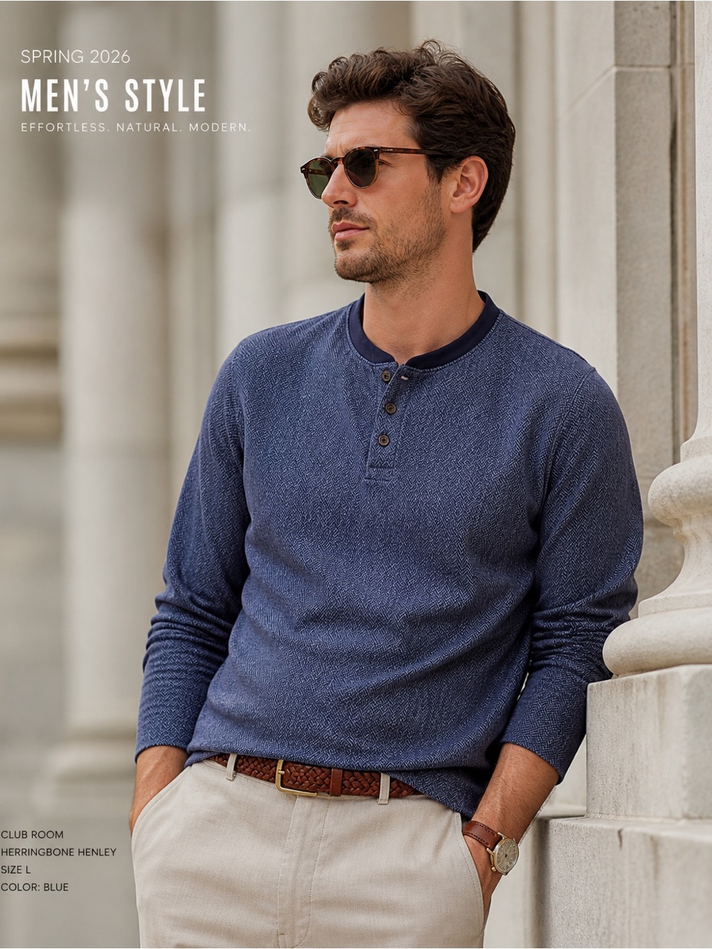 Herringbone Henley Long Sleeve - Blue